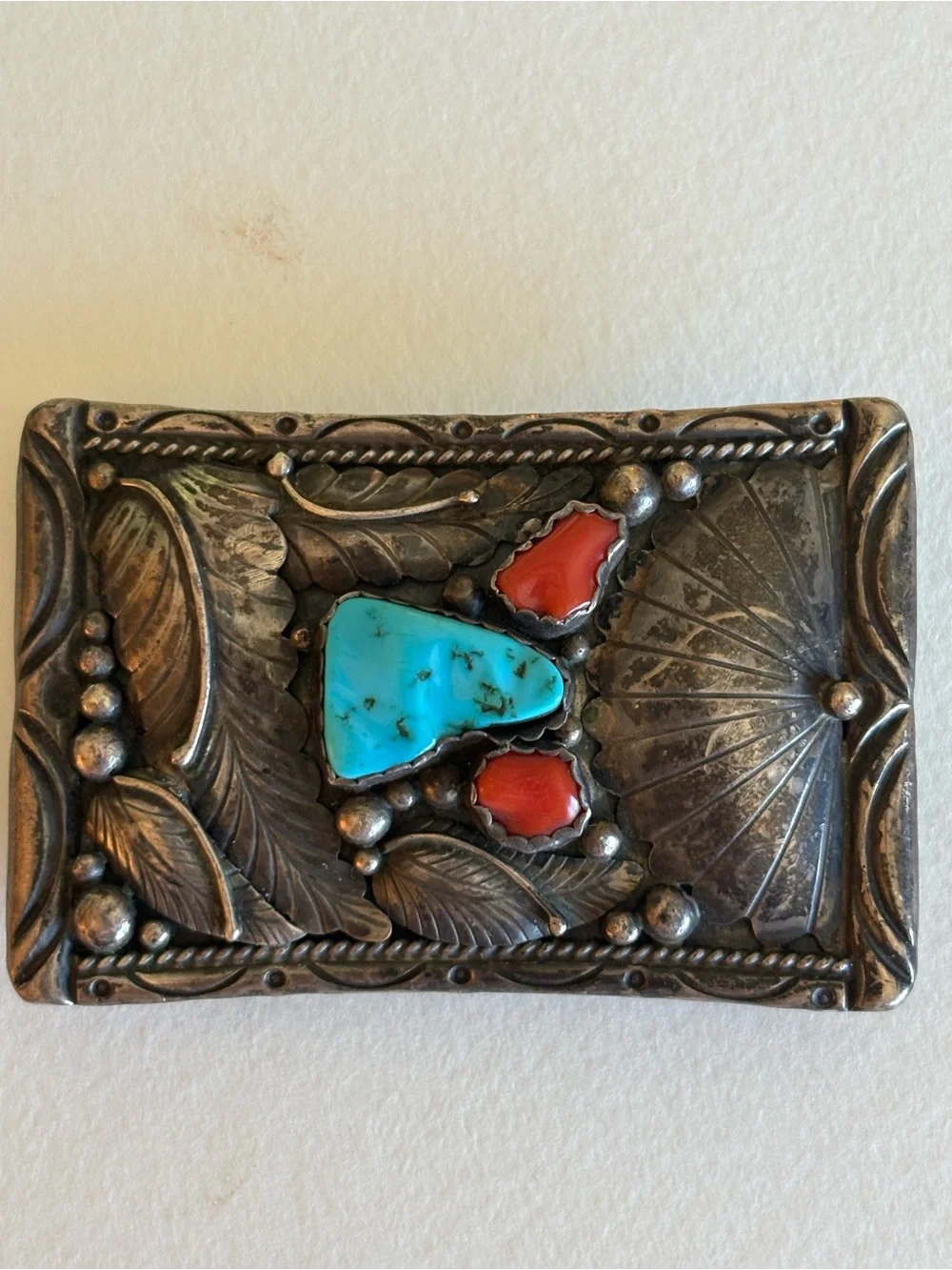 Sterling Silver Turquoise & Coral Inlay Western Belt Buckle Vintage E. Spencer